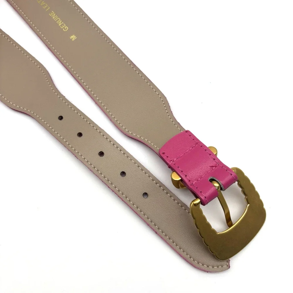Vintage 80s Hot Pink Genuine Leather Brass Buckle Waist Belt M 26-29